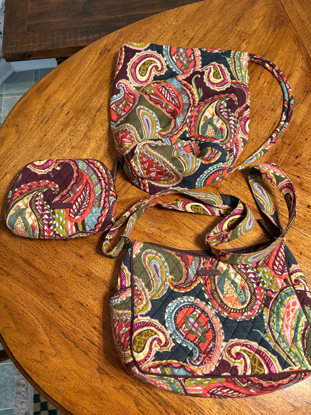 Three piece set Vera Bradley quilted shoulder bag, make up pouch and small duffe